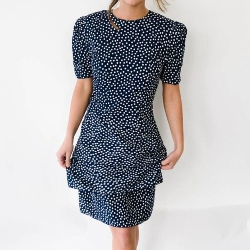 Vintage Maggy London Navy Blue Polka Dot Puff Sleeve Rayon Sheath Dress Size 8